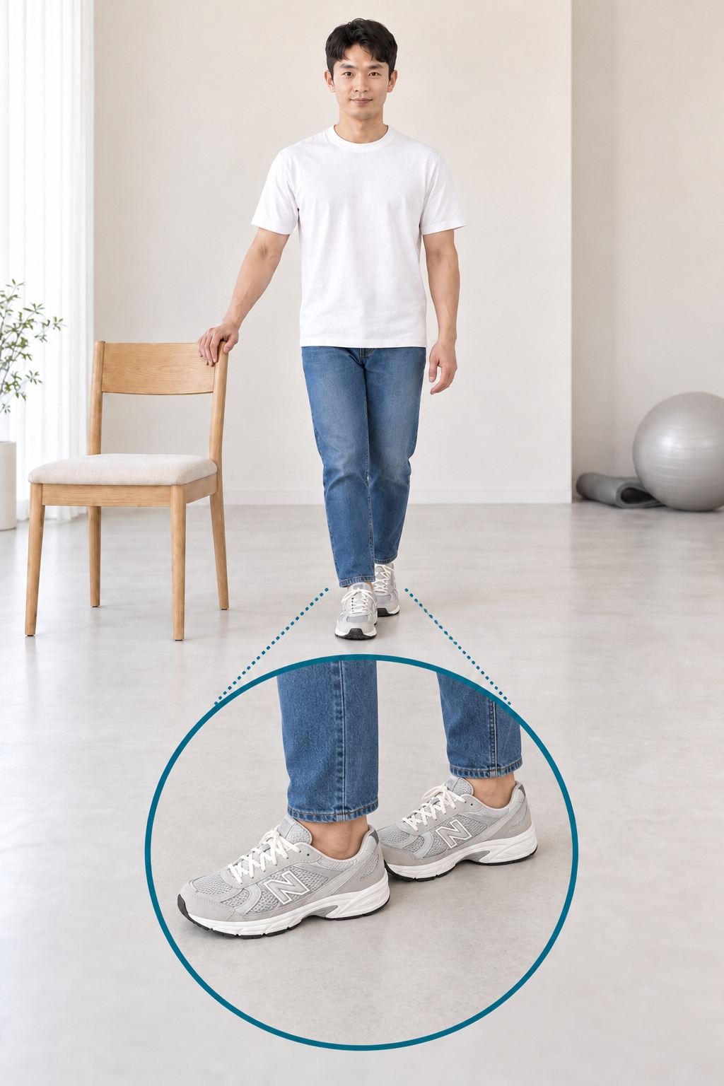 오른손으로 의자를 잡고 두 다리를 자연스럽게 일자로 놓은 가상의 한국인 남성과 앞발 뒤꿈치가 뒷발 발끝에 맞닿는 발 배치 확대 이미지