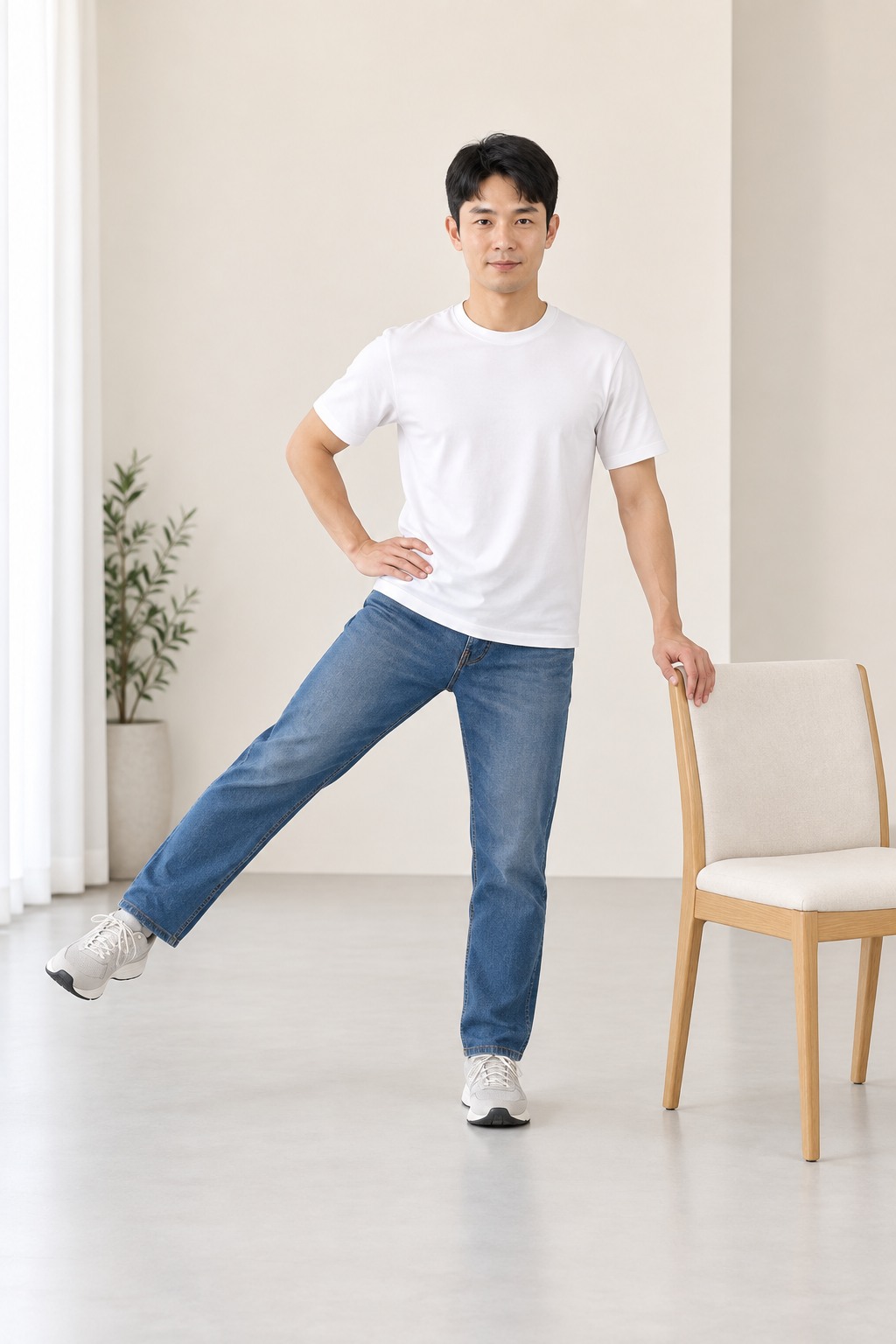 의자를 잡고 발끝이 정면을 향한 채 한 다리를 옆으로 든 가상의 한국인 남성