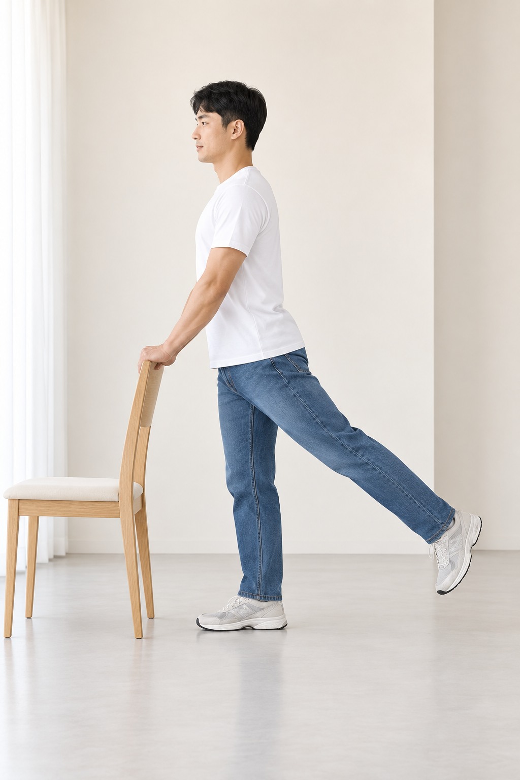 의자를 잡고 무릎을 편 한쪽 다리를 뒤로 뻗은 가상의 한국인 남성