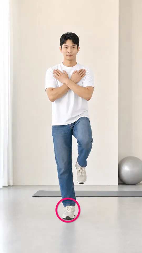 가슴손 자세로 한 발 서기 중인 남성의 전신과 지지발 원형 표시